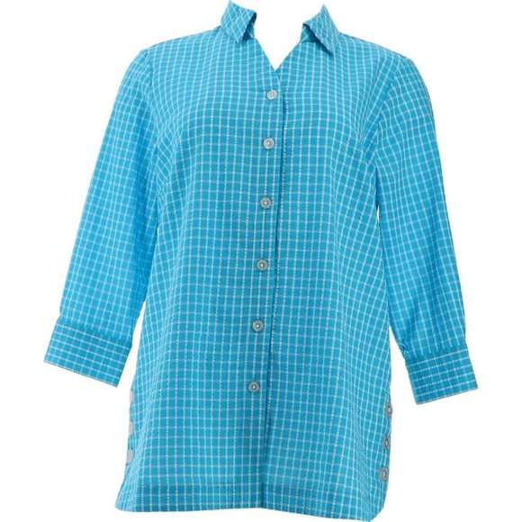 NWT JOAN RIVERS TEXTURED BUTTON FRONT SHIRT W/SIDE BUTTONS AQUA XS - Picture 1 of 12